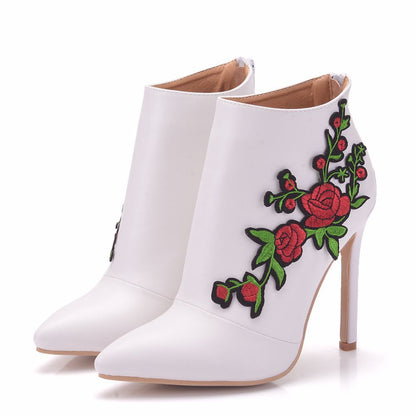 Women Pointed Toe Embroidery Roses Stiletto Heel Wedding Short Boots