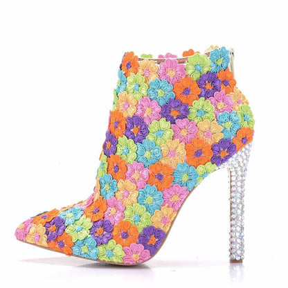 Women Stiletto Rhinestone Heel Pointed Toe Ethnic Lace Short Boots