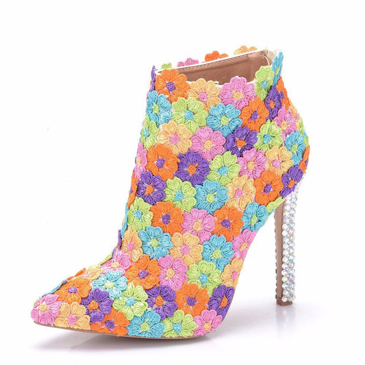 Women Stiletto Rhinestone Heel Pointed Toe Ethnic Lace Short Boots