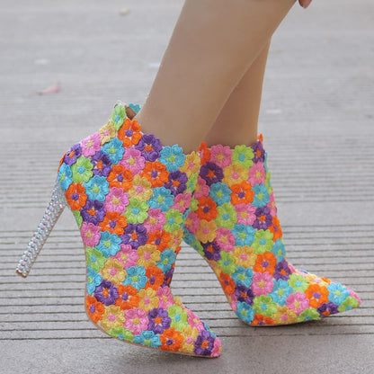 Women Stiletto Rhinestone Heel Pointed Toe Ethnic Lace Short Boots