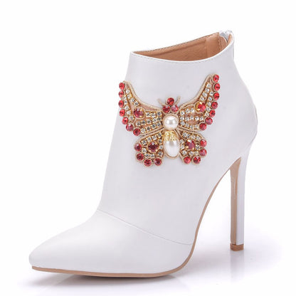 Women Rhinestone Butterfly Pearls Stiletto Heel Pointed Toe Wedding Short Boots