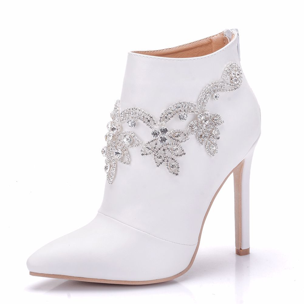 Women Stiletto Heel Pointed Toe Rhinestone Wedding Short Boots