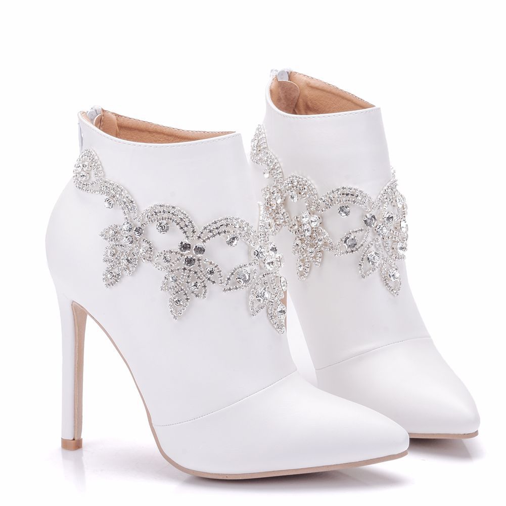 Women Stiletto Heel Pointed Toe Rhinestone Wedding Short Boots