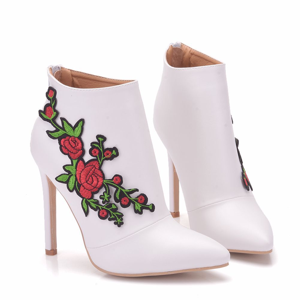 Women Pointed Toe Embroidery Roses Stiletto Heel Wedding Short Boots