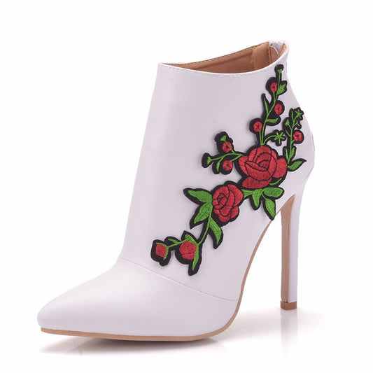 Women Pointed Toe Embroidery Roses Stiletto Heel Wedding Short Boots