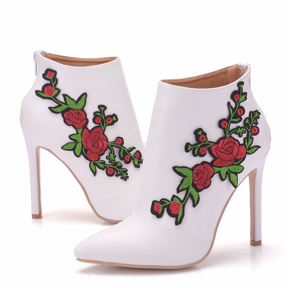 Women Pointed Toe Embroidery Roses Stiletto Heel Wedding Short Boots