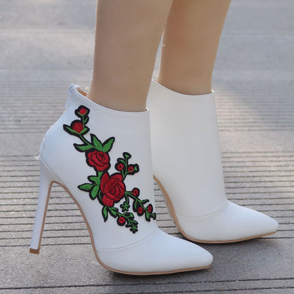 Women Pointed Toe Embroidery Roses Stiletto Heel Wedding Short Boots