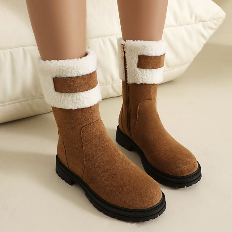 Women's Patchwork Plush Flat Mid Calf Snow Boots