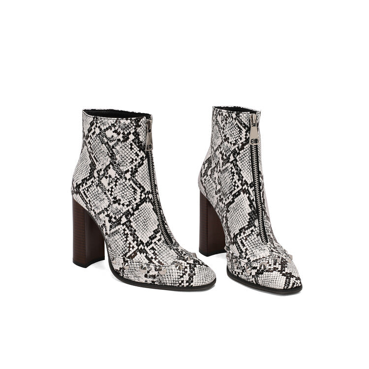 Women's Snake Pattern Rivets Pointed Toe Block Heel Short Boots