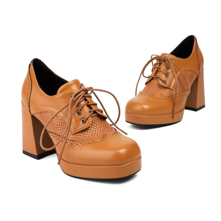 Women's Square Toe Shoelace Platform Square High Heels Shoes