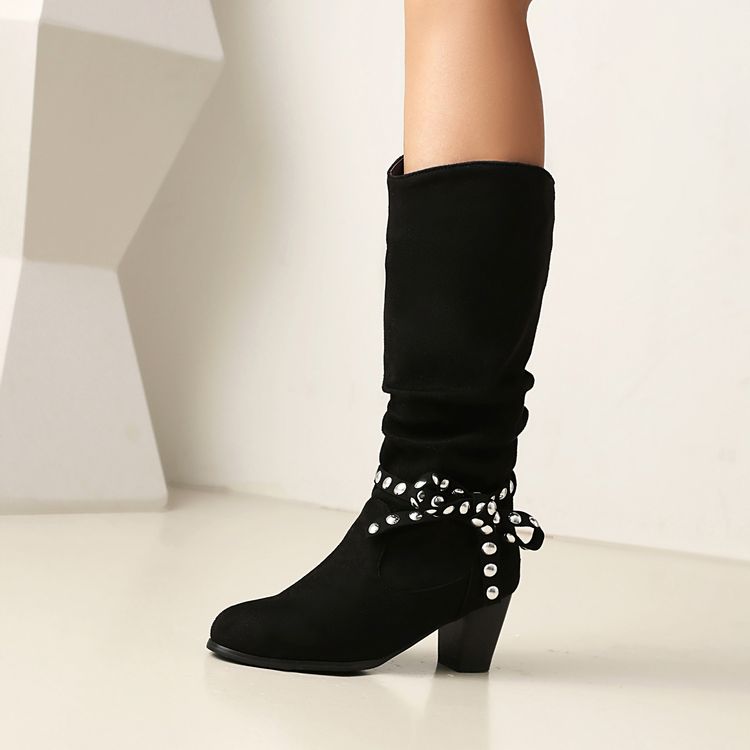 Women's Studded Round Toe High Heel Mid Calf Boots