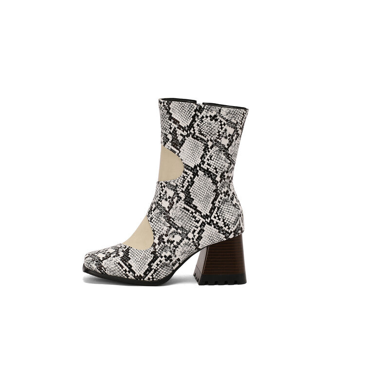 Women's Patchwork Square Toe Block Heel Ankle Boots