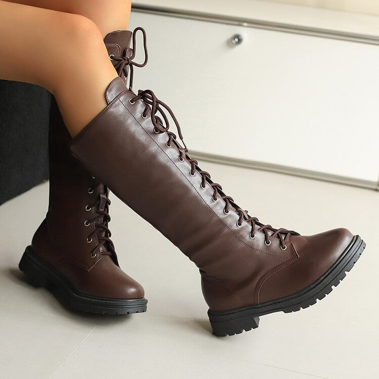 Women's Lace-Up Round Toe Flat Platform Knee High Boots