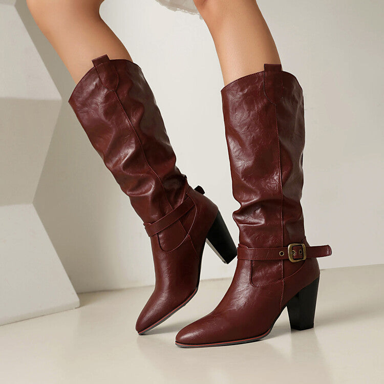 Women's Buckle Strap Pointed Toe Block Heel Knee High Western Boots