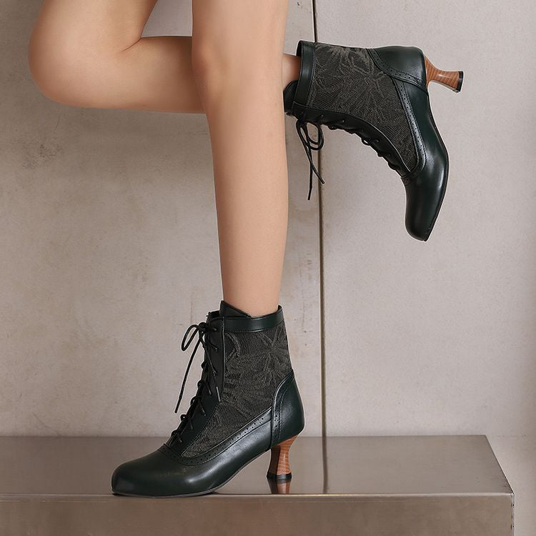 Women's Embroider Lace-Up Round Toe Hoof Heel Ankle Boots