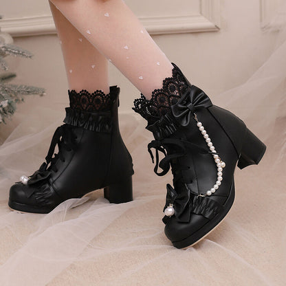 Women's Lace Bows Round Toe Block Heel Platform Ankle Boots