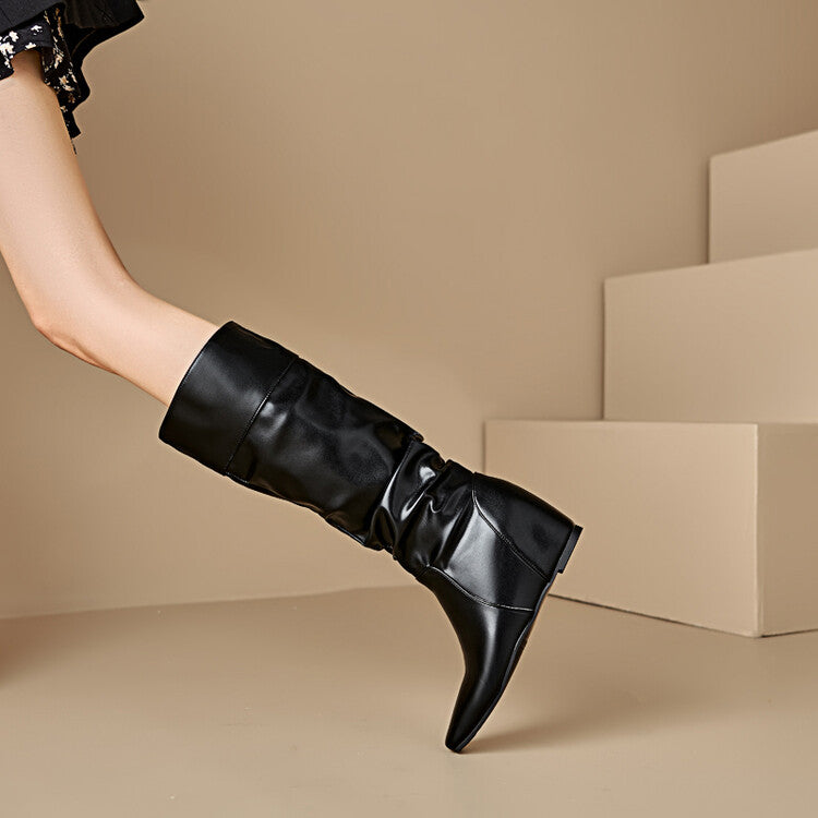 Women's Pleated Square Toe Increased Internal Wedge Heel Knee High Boots