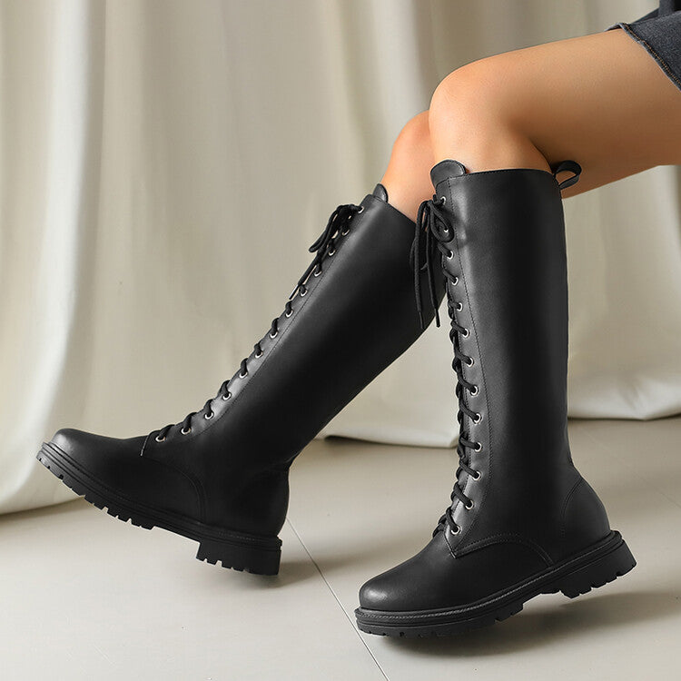 Women's Lace-Up Round Toe Flat Platform Knee High Boots