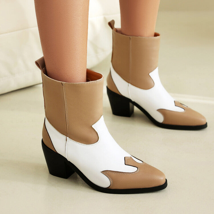 Women's Patchwork Pointed Toe Block Heel Western Boots