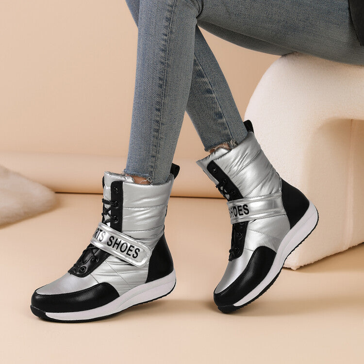 Women's Patchwork Plush Platform Wedges Down Waterproof Snow Boots