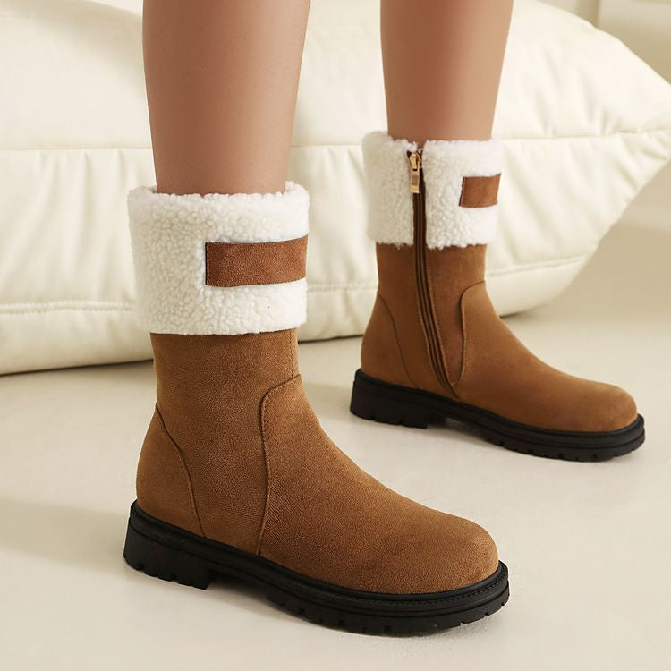 Women's Patchwork Plush Flat Mid Calf Snow Boots