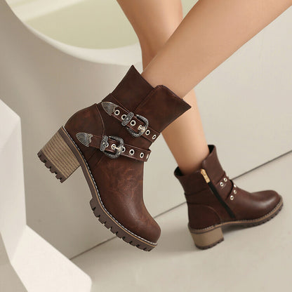 Women's Metal Decor Round Toe Square Heel Platform Short Boots