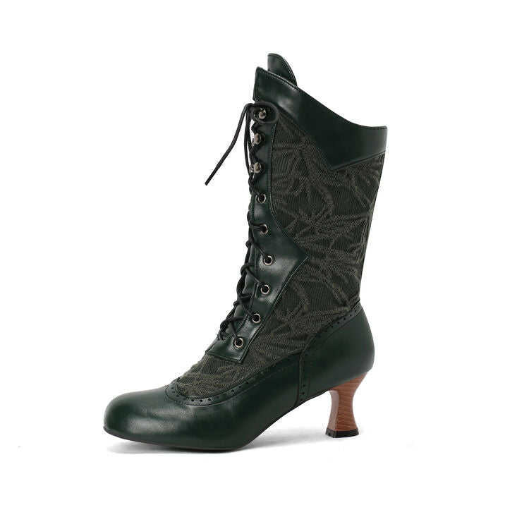 Women's Lace-Up Round Toe Hoof Heel Mid Calf Boots
