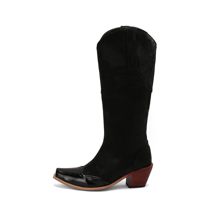 Women's Patchwork Pointed Toe Block Heel Knee High Western Boots