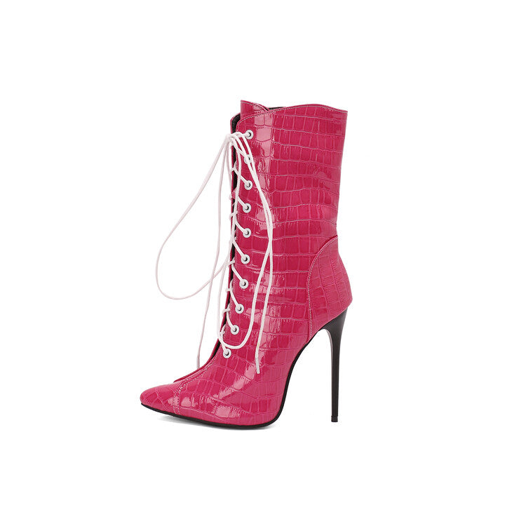 Women's Glossy Lace-Up Pointed Toe Thin Heel Short Boots