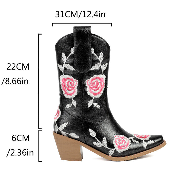 Women's Floral Embroider Square Toe Block Heel Mid Calf Western Boots