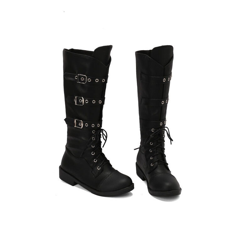 Women's Buckle Strap Round Toe Knee High Boots