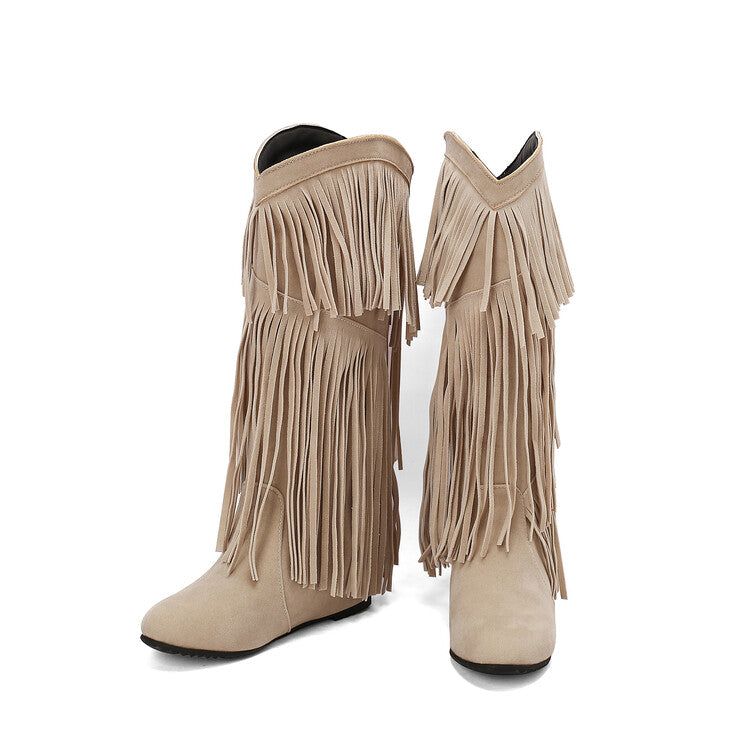 Women's Tassel Round Toe Wedge Heel Mid Calf Boots