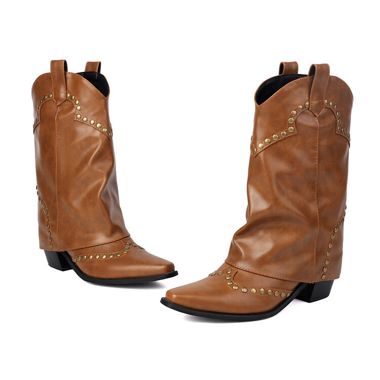 Women's Rivets Pointed Toe Block Heel Mid Calf Western Boots
