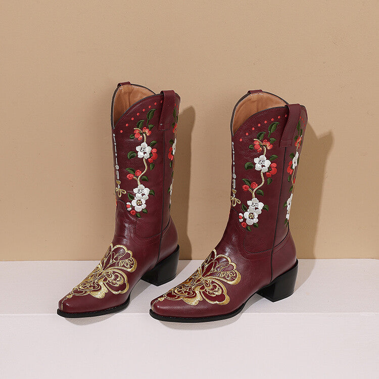 Women's Flowers Embroider Block Heel Western Boots