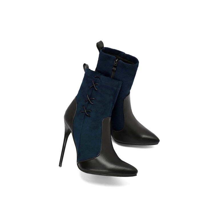 Women's Patchwork Pointed Toe Thin Heel Short Boots