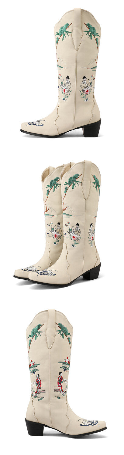Women's Printed Embroider Block Heel Western Boots
