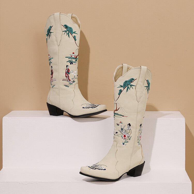 Women's Printed Embroider Block Heel Western Boots