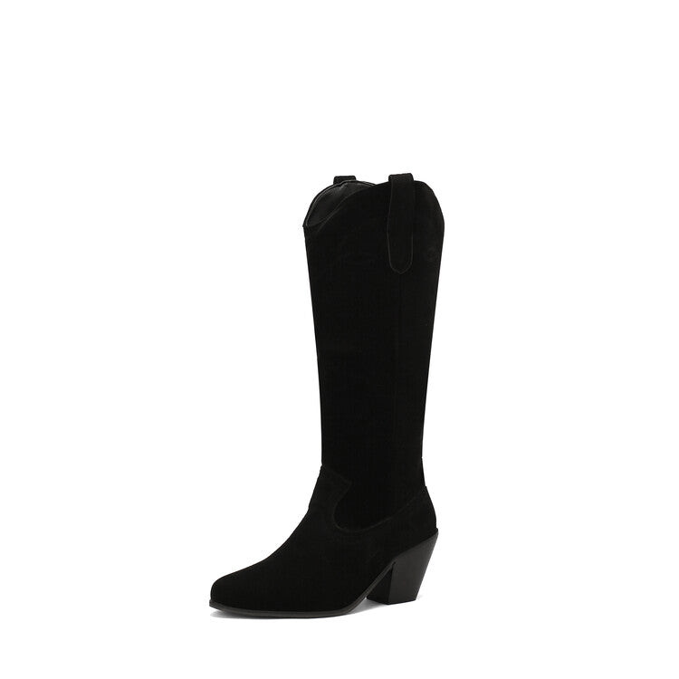 Women's Embroider Pointed Toe Block Heel Knee High Western Boots