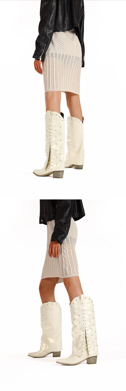 Women's Rivets Block Heel Mid Calf Boots
