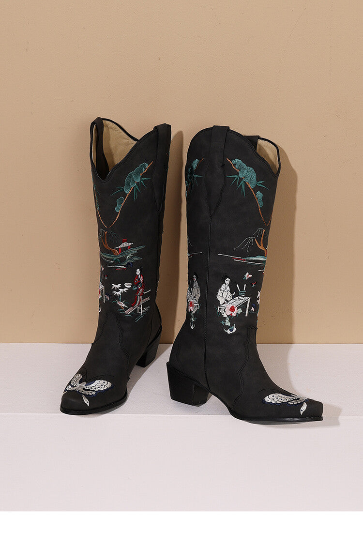 Women's Printed Embroider Block Heel Western Boots