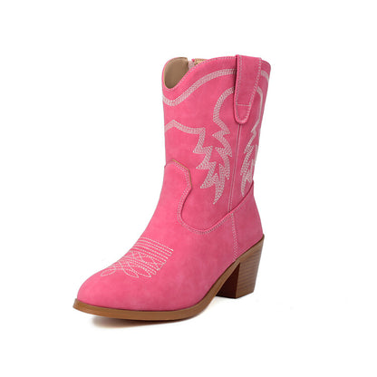 Women's Embroider Round Toe Block Heel Western Boots