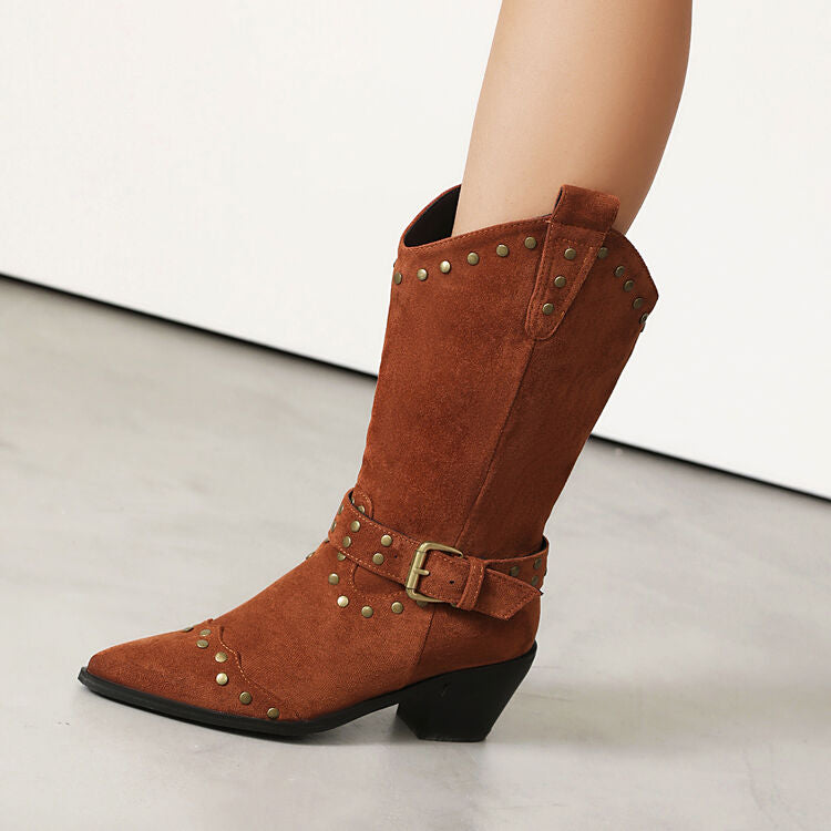 Women's Rivets Pointed Toe Square Heel Mid Calf Western Boots