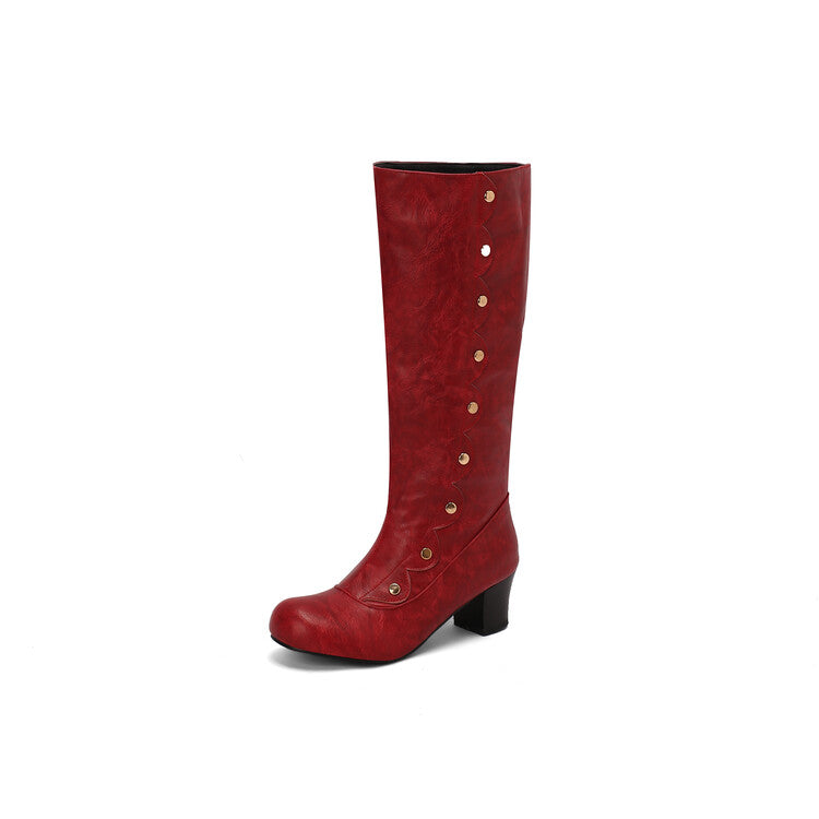 Women's Ruffles Rivets Round Toe Block Heel Knee High Boots