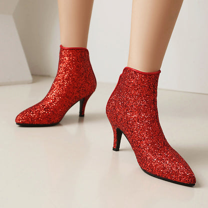 Women's Glossy Sequins Pointed Toe Spike Heel Ankle Boots