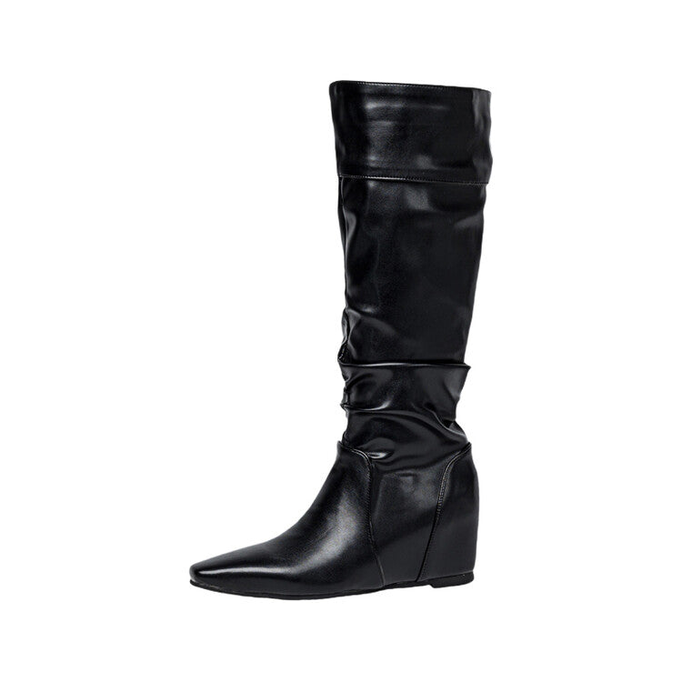 Women's Pleated Square Toe Increased Internal Wedge Heel Knee High Boots