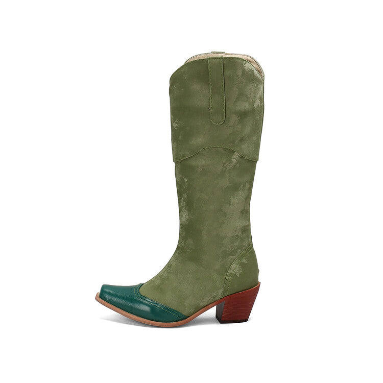 Women's Patchwork Pointed Toe Block Heel Knee High Western Boots