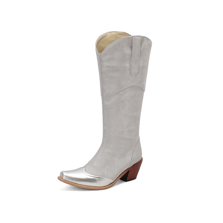 Women's Patchwork Pointed Toe Block Heel Knee High Western Boots