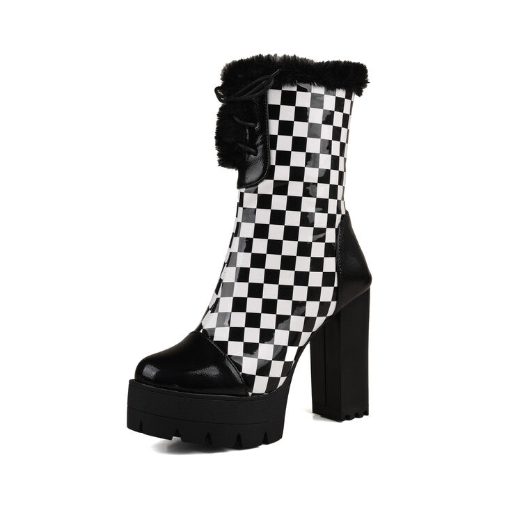 Women's Plush Plaid Lace-Up Platform Heels Mid Calf Boots