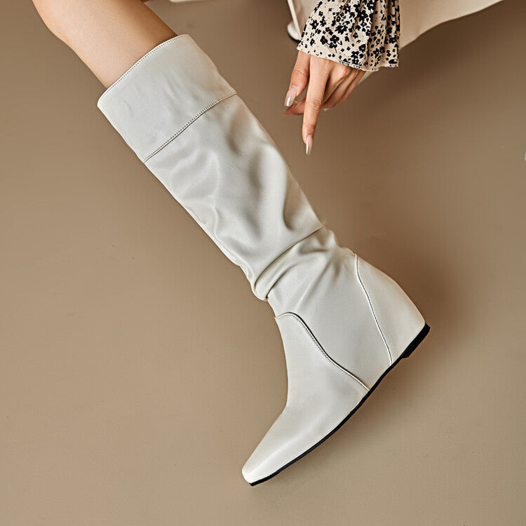 Women's Pleated Square Toe Increased Internal Wedge Heel Knee High Boots