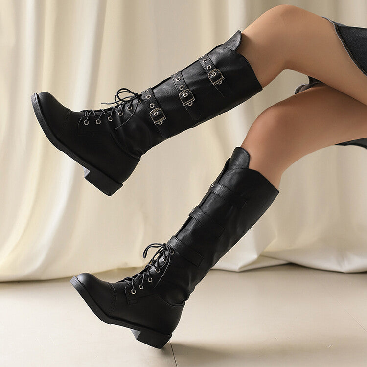 Women's Buckle Strap Round Toe Knee High Boots